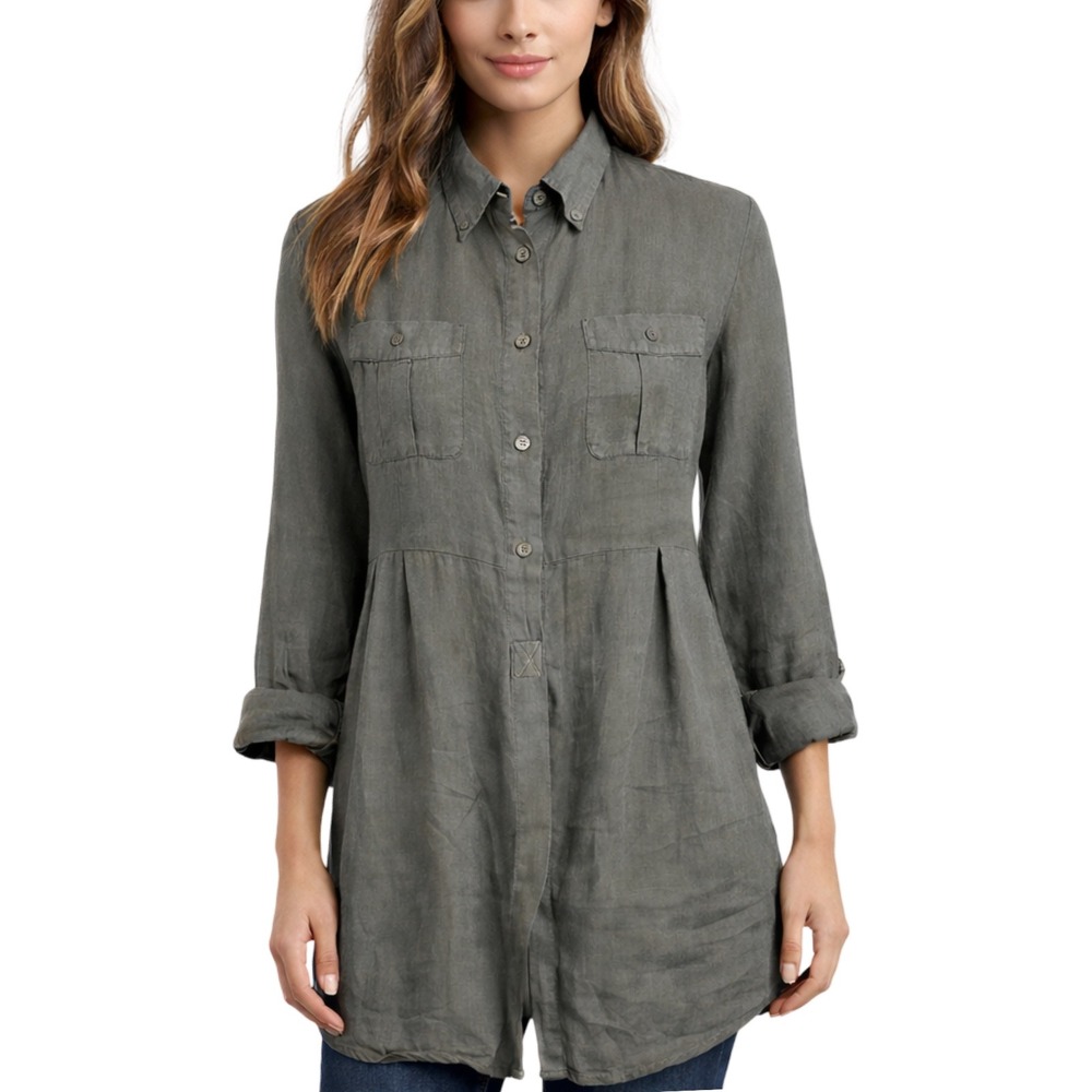 Weekend Max Mara Linen Tunic Shirt Olive Gray Button Down Long Sleeve Top Size S